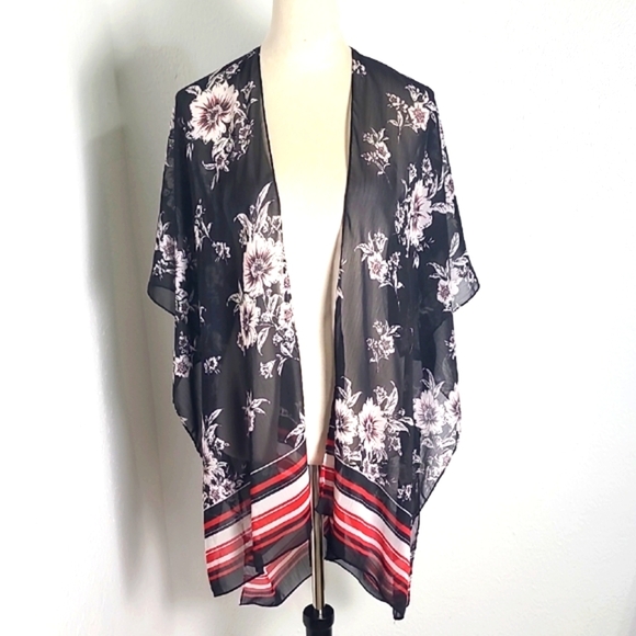 Beautiful Chiffon Black Kimono with White Flowers & Red Striped Hem, OS - Picture 1 of 9